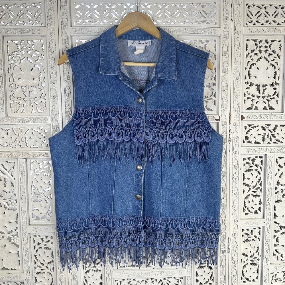 Vtg Denim Lace Fringe Western Boho Button Up Sleeveless Vest‎ Sz XL